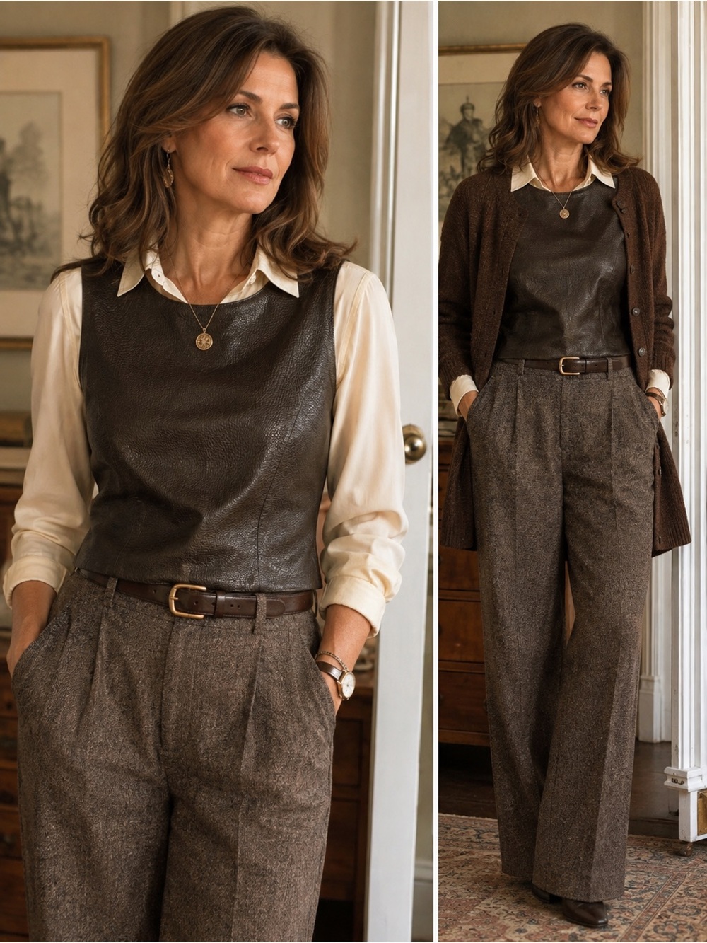 Tahari 100% Leather Embossed Sleeveless Top Brown Side Zip Lined